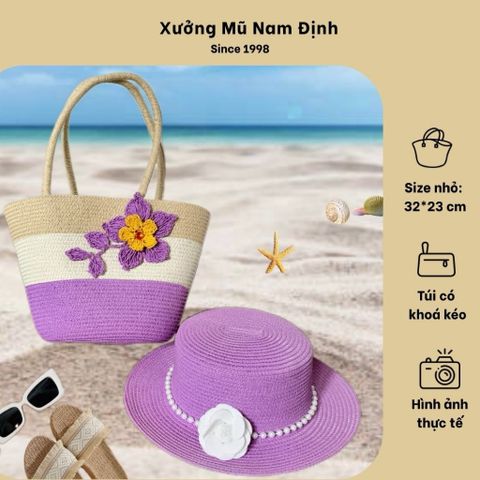 Set Túi Cói Màu Tím - Túi Xách Đeo Vai Chất Liệu Cói, Kèm Nón Có Khoá Kéo, Phong Cách Thời Trang, Phù Hợp Đi Làm Và Picnic