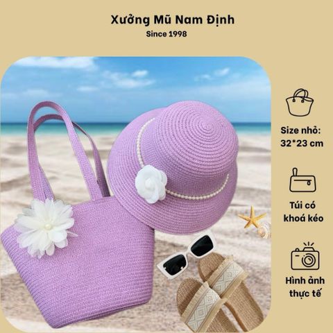 Set Túi Cói Màu Tím - Túi Xách Đeo Vai Chất Liệu Cói, Kèm Nón Có Khoá Kéo, Phong Cách Thời Trang, Phù Hợp Đi Làm Và Picnic