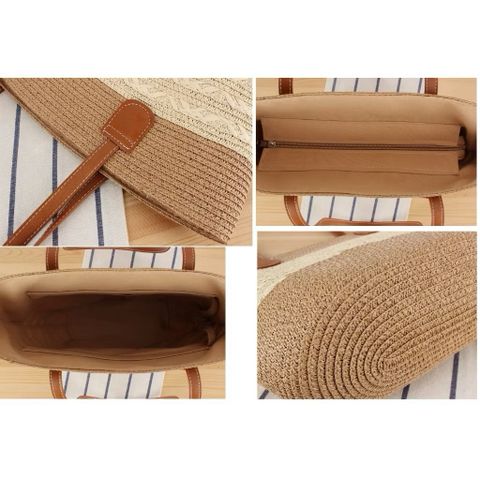 Set Túi Cói Màu Tím - Túi Xách Đeo Vai Chất Liệu Cói, Kèm Nón Có Khoá Kéo, Phong Cách Thời Trang, Phù Hợp Đi Làm Và Picnic