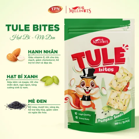 Snack Tule Bites Millinuts 100g - Thơm Ngon Vị Nho Khô, Việt Quất, Hạt Bí, Gừng & Mật Ong - Ăn Vặt Healthy, Tiện Lợi