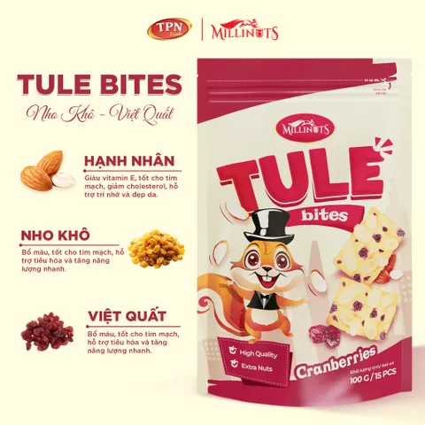 Snack Tule Bites Millinuts 100g - Thơm Ngon Vị Nho Khô, Việt Quất, Hạt Bí, Gừng & Mật Ong - Ăn Vặt Healthy, Tiện Lợi
