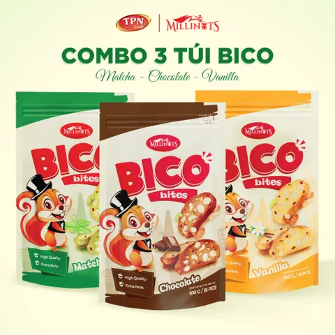 Bánh Snack Hỗn Hợp Bico Bites Millinuts 100g - Hương Vị Socola, Vanila, Matcha - Món Ăn Vặt Ngon & Tiện Lợi