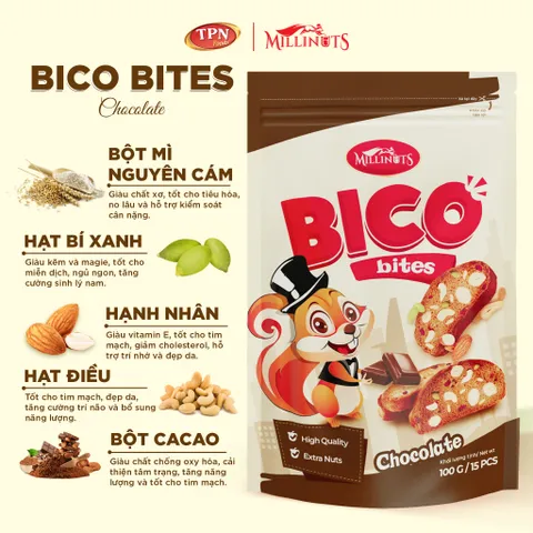 Bánh Snack Hỗn Hợp Bico Bites Millinuts 100g - Hương Vị Socola, Vanila, Matcha - Món Ăn Vặt Ngon & Tiện Lợi
