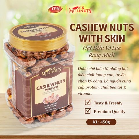 Hạt Điều Vỏ Lụa Rang Muối Millinuts 450g - Giòn Rụm, Hương Vị Truyền Thống, Snack Dinh Dưỡng Tuyệt Vời, Thích Hợp Làm Quà Biếu