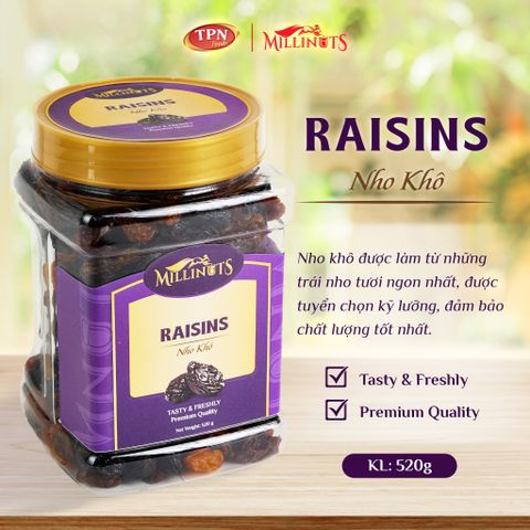 Nho Khô Millinuts 520g - Mềm Dẻo Tự Nhiên, Ngọt Thanh, Ăn Vặt Lành Mạnh, Không Thêm Đường, Món Ăn Giàu Dinh Dưỡng
