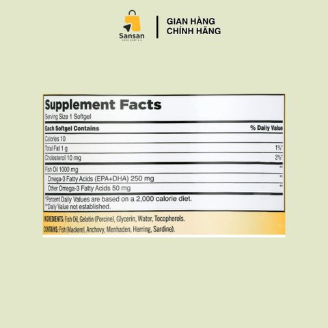 Viên uống Dầu cá Kirkland Signature Fish Oil 1000mg 400 viên - Tăng cường trí nhớ, bảo vệ tim mạch, hàng nhập khẩu Mỹ