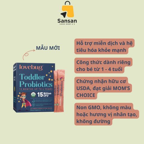 Men vi sinh LoveBug Probiotics 15 Tỷ Lợi Khuẩn Cho Bé 1-4 Tuổi - Hỗ Trợ Tiêu Hoá - 30 Gói Dùng Ẩn Trong Sữa Mẹ