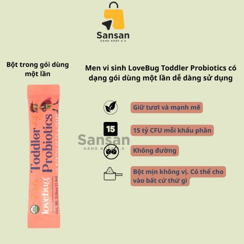 Men vi sinh LoveBug Probiotics 15 Tỷ Lợi Khuẩn Cho Bé 1-4 Tuổi - Hỗ Trợ Tiêu Hoá - 30 Gói Dùng Ẩn Trong Sữa Mẹ