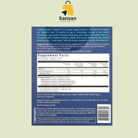 Men vi sinh LoveBug Probiotics 15 Tỷ Lợi Khuẩn Cho Bé 1-4 Tuổi - Hỗ Trợ Tiêu Hoá - 30 Gói Dùng Ẩn Trong Sữa Mẹ
