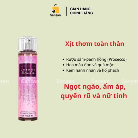 Xịt thơm toàn thân Bath & Body Works 236ml - Mùi hương quyến rũ Dark Kiss, A Thousand Wishes, Cherry Blossom và nhiều loại khác, chính hãng Mỹ