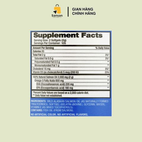 Dầu Cá Omega-3 Wild Alaskan Salmon Oil 1000mg - Viên Uống 210 Viên Hỗ Trợ Tim Mạch và Làm Đẹp Da, Mỹ Nội Địa