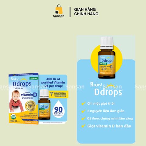 Vitamin D3 Ddrops 400UI cho trẻ sơ sinh - Thực phẩm bảo vệ sức khỏe 90 giọt, hỗ trợ phát triển xương khỏe mạnh, nhập khẩu Mỹ