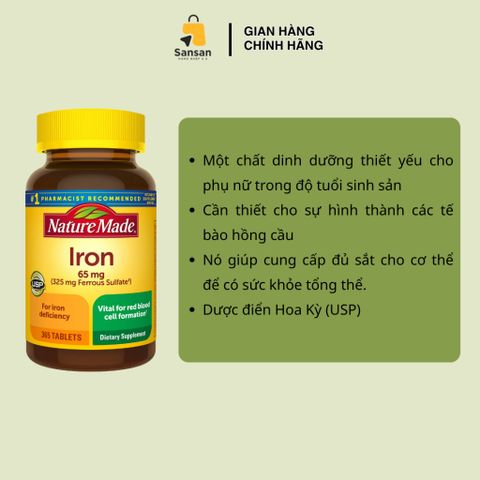 Viên Uống Bổ Sung Sắt Nature Made Iron 65mg - 365 Viên - Hỗ Trợ Sức Khỏe, Sản Xuất Tại Mỹ