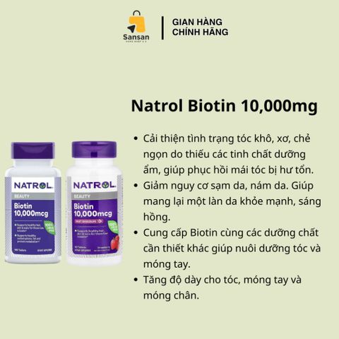 Viên uống Natrol Biotin 10,000mcg Mỹ - Hỗ trợ mọc tóc, Thực phẩm chức năng làm đẹp, 100 viên nang tiện dụng