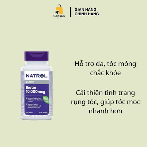 Viên uống Natrol Biotin 10,000mcg Mỹ - Hỗ trợ mọc tóc, Thực phẩm chức năng làm đẹp, 100 viên nang tiện dụng