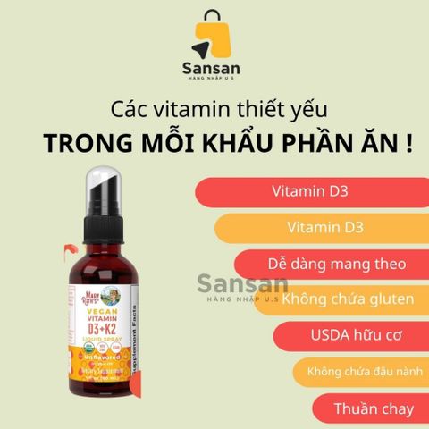 Xịt Dưỡng Vitamin D3 K2 Hữu Cơ Mary Ruth's 30ml - Tăng Cường Miễn Dịch và Phát Triển Chiều Cao cho Trẻ Em