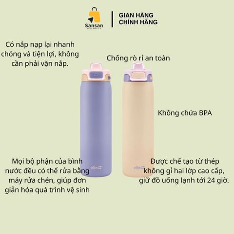 Set 2 Bình Giữ Nhiệt Ello Thép Không Gỉ 22oz - Bình Nước Chống Rò Rỉ, Giữ Lạnh 24h, Thể Thao, Du Lịch Mỹ