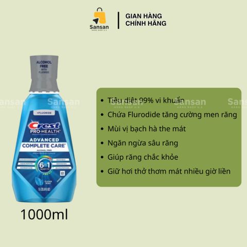 Nước Súc Miệng Crest Pro-Health Advanced 1000ml - Chăm Sóc Răng Miệng Toàn Diện, Không Cồn, An Toàn Cho Trẻ Em Từ 6 Tuổi