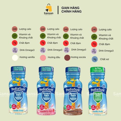 Sữa nước PediaSure Grow and Gain hương Vanilla / Dâu / Socola 237ml - Chất xơ, Probiotic, Dinh dưỡng cho trẻ 1-13 tuổi - Hàng nội địa Mỹ