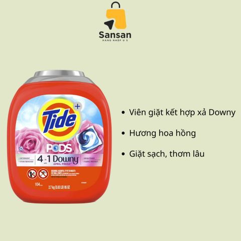 Viên giặt Tide Pods 4 in 1 Downy April Fresh - 104 viên 2.7kg, công nghệ làm sạch và khử mùi hôi, hàng Mỹ chính hãng