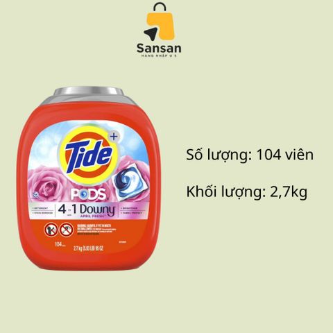 Viên giặt Tide Pods 4 in 1 Downy April Fresh - 104 viên 2.7kg, công nghệ làm sạch và khử mùi hôi, hàng Mỹ chính hãng
