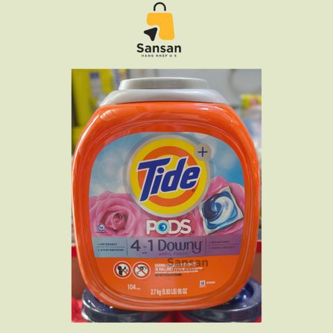 Viên giặt Tide Pods 4 in 1 Downy April Fresh - 104 viên 2.7kg, công nghệ làm sạch và khử mùi hôi, hàng Mỹ chính hãng