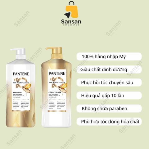 Dầu gội xả Pantene 10 Multi-Tasker 1.13L - Dưỡng ẩm và phục hồi hư tổn, bảo vệ tóc chắc khỏe từ chân đến ngọn, sản phẩm từ Mỹ