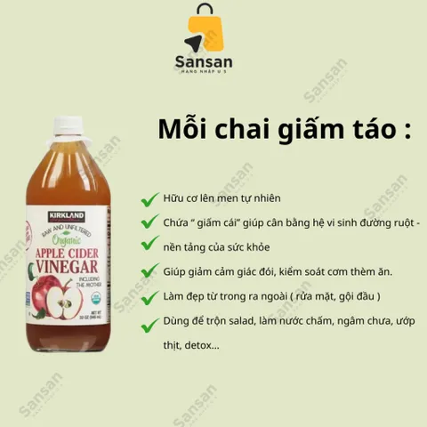 Giấm táo hữu cơ Kirkland Signature 946ml - Tăng cường sức khỏe, hỗ trợ tiêu hóa và làm đẹp da, tóc - Gia vị nấu ăn tự nhiên