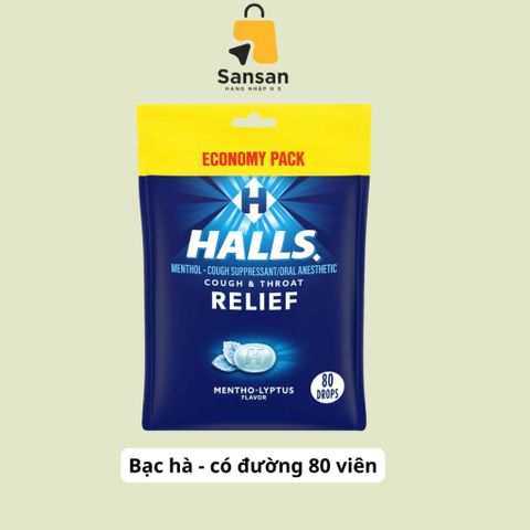 Kẹo ngậm HALLS Mỹ hương chanh mật ong và bạc hà - Không đường & có đường, gói 80 viên, bảo quản tiện lợi