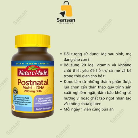 Vitamin Postnatal Multi DHA 60 viên Nature Made - Hỗ trợ phục hồi sức khỏe mẹ sau sinh, tăng cường tiết sữa cho bé