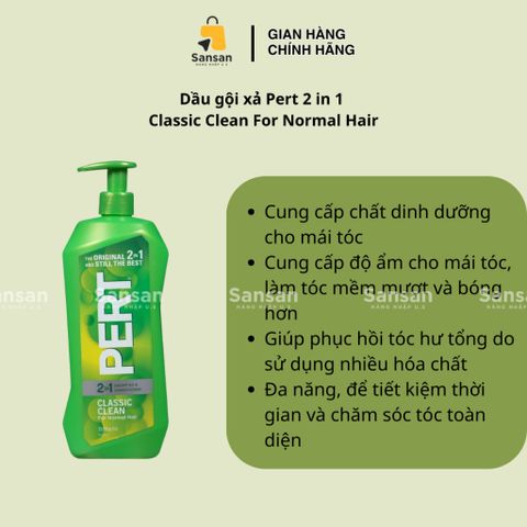 Dầu Gội Xả 2 in 1 Pert Classic Clean 1000ml - Chăm Sóc Tóc Mỏng Thưa, Làm Dày Tóc, Nhập Khẩu Mỹ