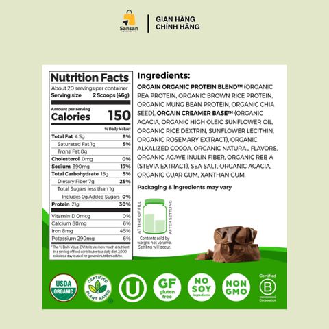 Bột Đạm Hữu Cơ Orgain Organic Protein Chocolate/Vani 1.2kg - Thực Phẩm Bổ Sung Dinh Dưỡng Chay, Giảm Cân, Tăng Cường Sức Khỏe