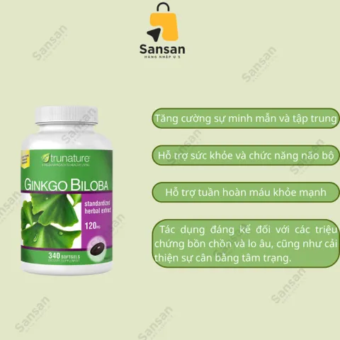 Viên Uống Bổ Não Ginkgo Biloba 120mg Trunature Mỹ - 340 Viên Tăng Cường Trí Nhớ, Giảm Căng Thẳng, Hỗ Trợ Sức Khỏe Não Bộ