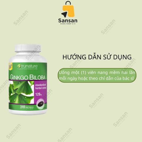 Viên Uống Bổ Não Ginkgo Biloba 120mg Trunature Mỹ - 340 Viên Tăng Cường Trí Nhớ, Giảm Căng Thẳng, Hỗ Trợ Sức Khỏe Não Bộ