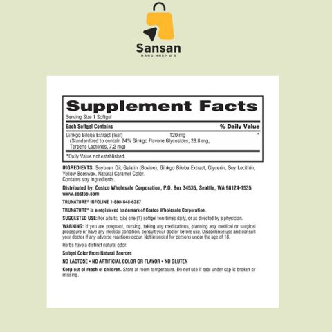 Viên Uống Bổ Não Ginkgo Biloba 120mg Trunature Mỹ - 340 Viên Tăng Cường Trí Nhớ, Giảm Căng Thẳng, Hỗ Trợ Sức Khỏe Não Bộ