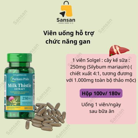 Viên Uống Thải Độc Gan Milk Thistle Extract Puritan's Pride 250mg - Bổ Gan, Chống Oxy Hóa, 100 Viên