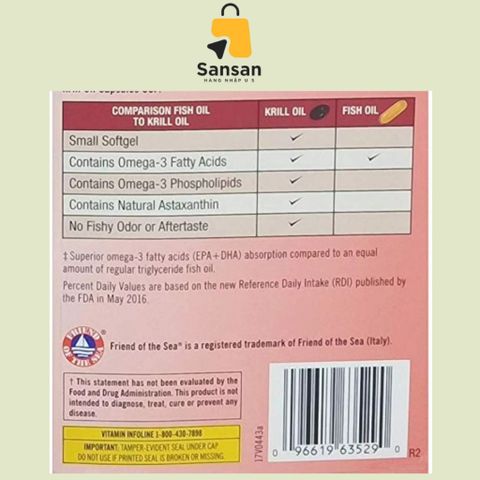 Dầu Nhuyễn Thể Kirkland Krill Oil Omega 3 + Astaxanthin 500mg - 180 Viên Hỗ Trợ Tim Mạch và Tăng Cường Thị Lực