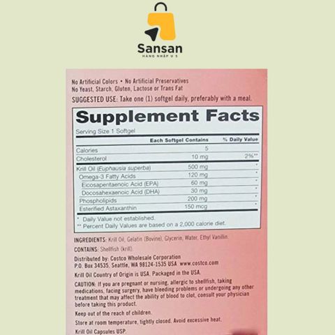 Dầu Nhuyễn Thể Kirkland Krill Oil Omega 3 + Astaxanthin 500mg - 180 Viên Hỗ Trợ Tim Mạch và Tăng Cường Thị Lực