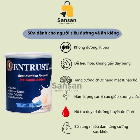 Sữa Tiểu Đường Entrust Mỹ Vị Vanila 400g - Dinh Dưỡng Tốt Cho Người Tiểu Đường, Ăn Kiêng, Hương Vị Ngon Miệng