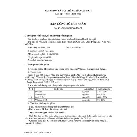 Thực phẩm bảo vệ sức khỏe Essential Vitamin 5 - Vitamin B-complex & Betaine hỗ trợ tim mạch - 30 viên