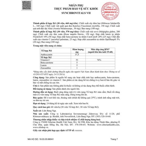 Viên uống hỗ trợ mắt SYNCHROVITALS VII - Tăng cường thị lực với Lutein, Beta-carotene, Zeaxanthin - 60 viên, Chất lượng Liên Bang Nga