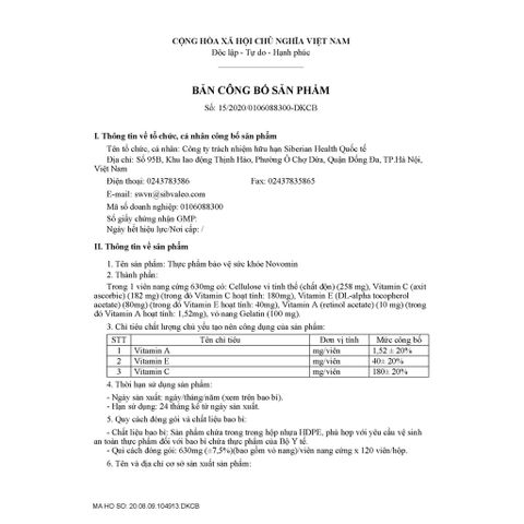 [Hobomint 2022] Viên uống chống oxy hóa, phục hồi tế bào khỏe mạnh Siberian Novomin Formula 4 - 120 viên