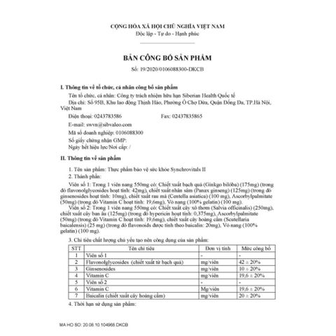 Thực Phẩm Bảo Vệ Sức Khỏe Synchrovitals II - Hỗ Trợ Não Bộ Tăng Cường Trí Nhớ - 60 Viên Ginsenoside, Flavonol Glycoside, Baicalin