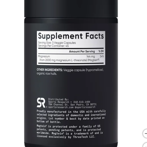 Viên uống bổ sung Magie Sports Research 135 viên- Magtein Magnesium L-Threonate, hàng Mỹ