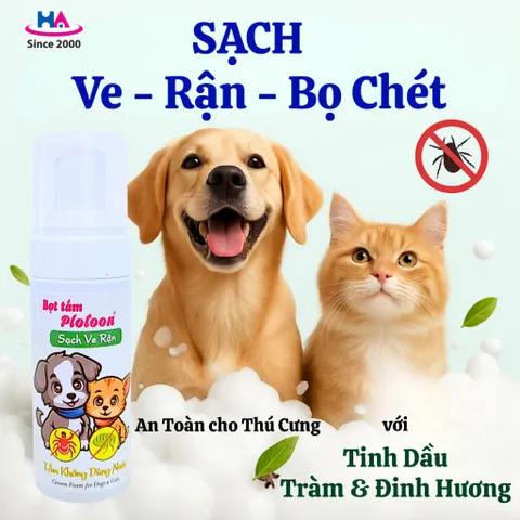 Bọt Tắm Khô Plotoon cho Chó Mèo - Giúp Làm Sạch Ve Rận, Khử Mùi, Làm Mượt và Giữ Ẩm Dễ Dàng, Không Cần Nước