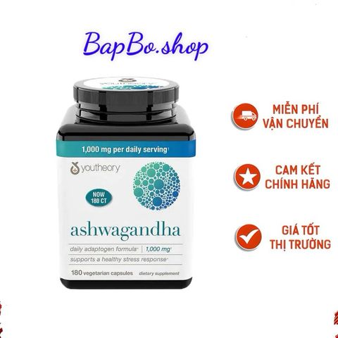 Viên Uống Nhân Sâm Ấn Độ Ashwagandha Youtheory 1000mg - Giảm Stress, Bổ Sung Sức Khỏe, Hỗ Trợ Tinh Thần và Thể Chất 180 Viên
