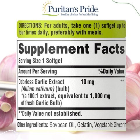Viên uống Tinh Dầu Tỏi Odorless Garlic Extract 1000mg - Puritan's Pride, Hỗ Trợ Sức Khỏe Tim Mạch, Cải Thiện Tiêu Hóa, 100 Viên