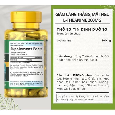 Viên uống giảm căng thẳng L-Theanine 200mg Puritan's Pride - Tăng cường trí nhớ và tinh thần tỉnh táo, hỗ trợ ổn định tâm trạng, giảm stress hiệu quả