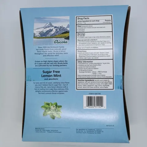 Kẹo Ngậm Ho Không Đường Ricola Lemon Mint - Hỗ Trợ Thông Mát Cổ Họng, 105 Viên Thảo Mộc Tự Nhiên