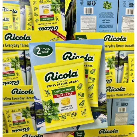 Kẹo Ngậm Ho Không Đường Ricola Lemon Mint - Hỗ Trợ Thông Mát Cổ Họng, 105 Viên Thảo Mộc Tự Nhiên
